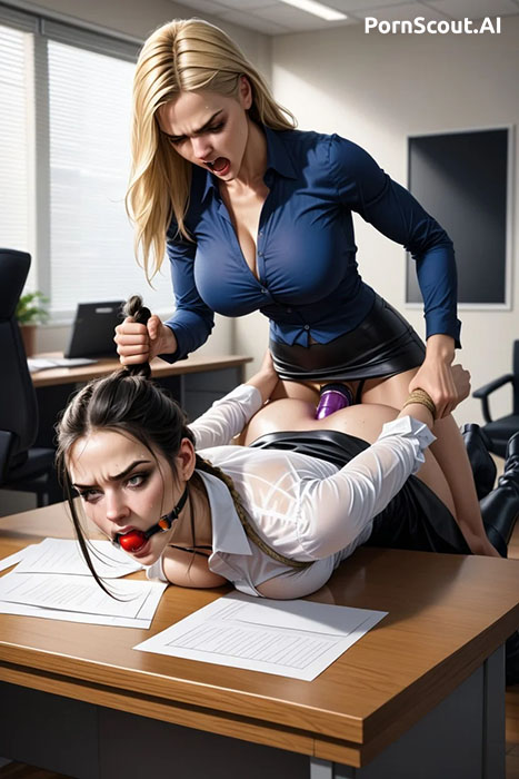 hardcore lesbian strap-on sex in the office