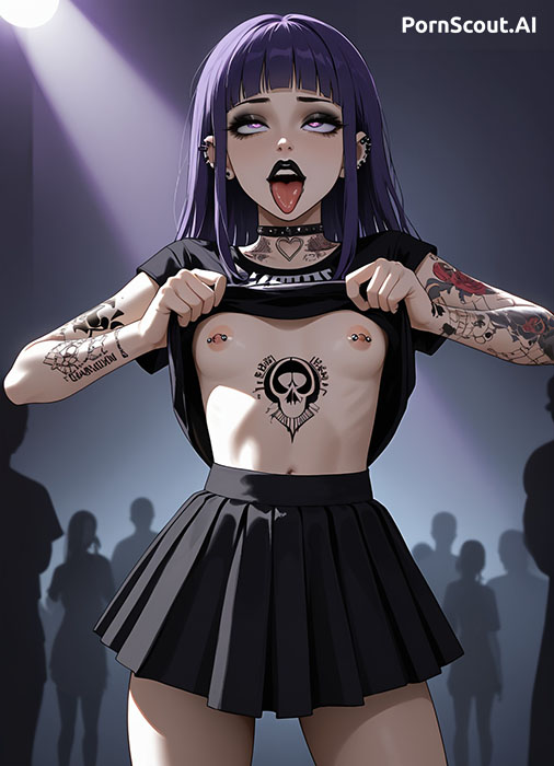 ahegao goth girl showing small tits  public concert mini skirt