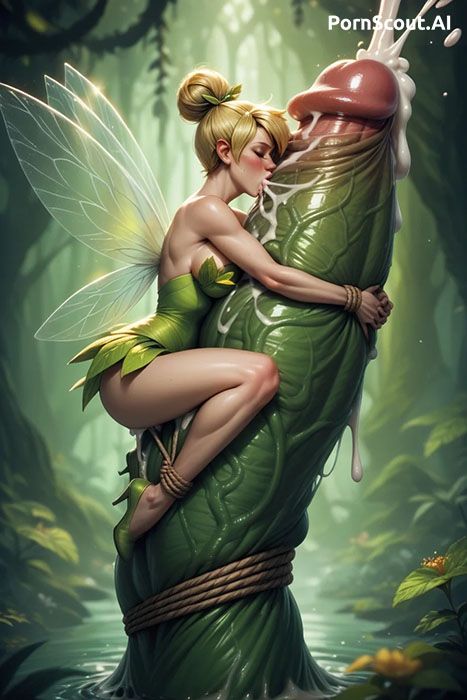 Fantasy elf with sexy wings holding on to a huge green cock in the jungle