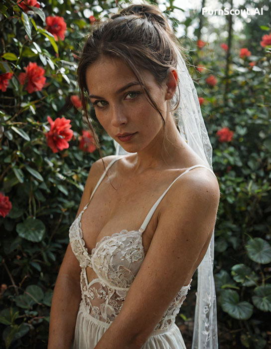 interesting sexy girl serious wedding dress among roses