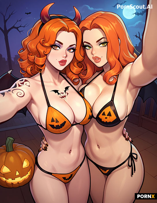 two beautiful sexy halloween bikini girls hugging hentai